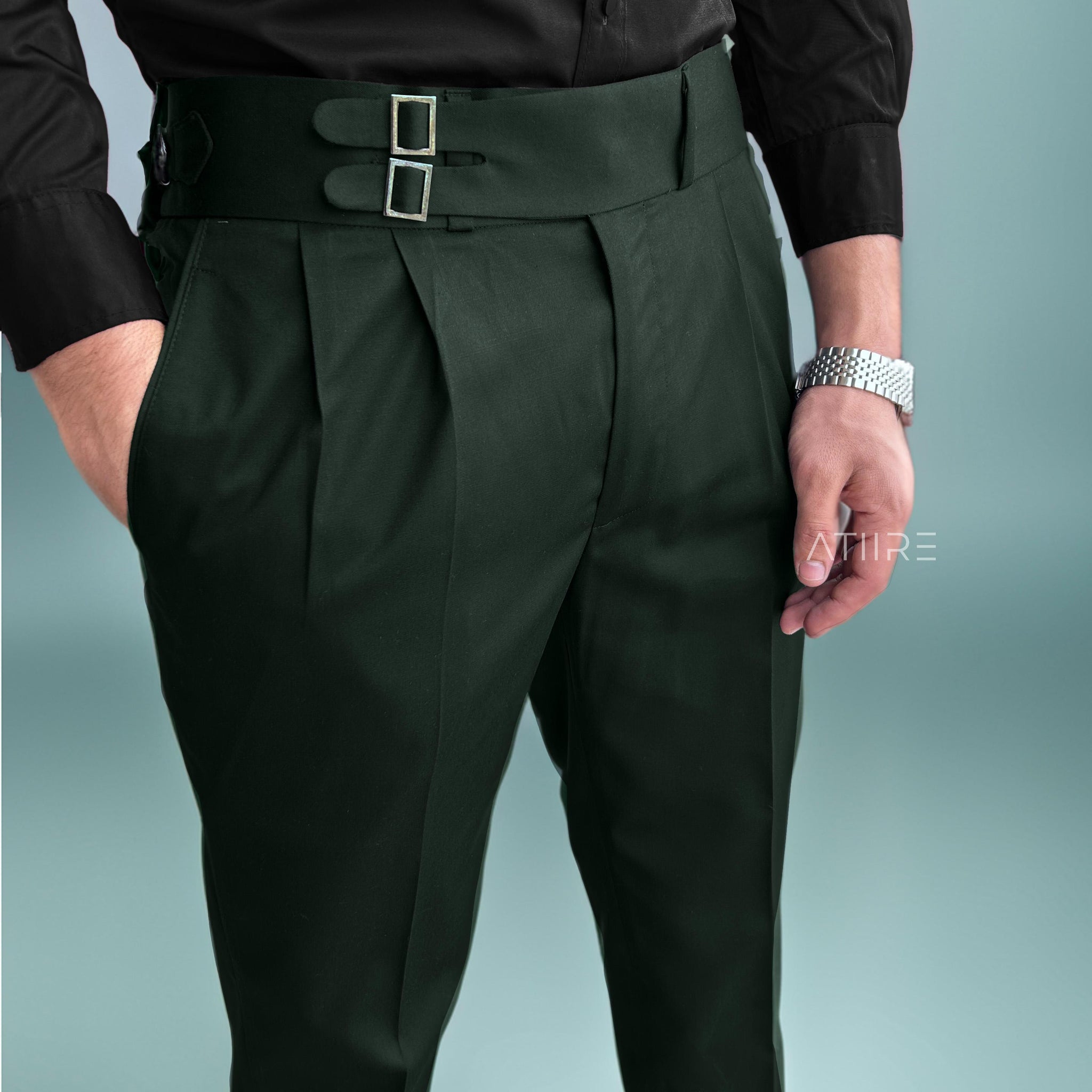 BOTTLE GREEN DOUBLE PLEATED BUCKLE GURKHA PANTS BY ATIIRE