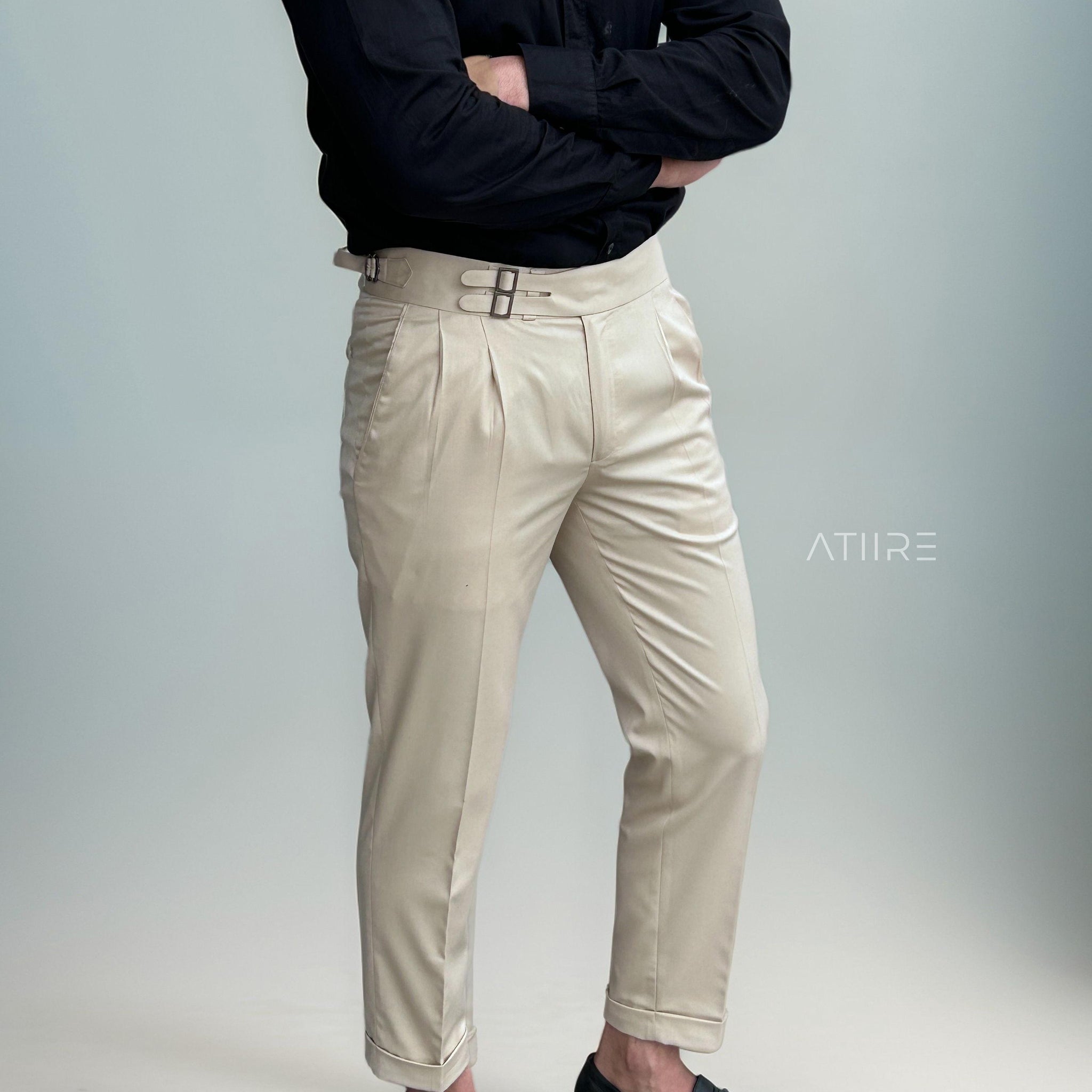 BEIGE DOUBLE PLEATED BUCKLE GURKHA PANTS BY ATIIRE