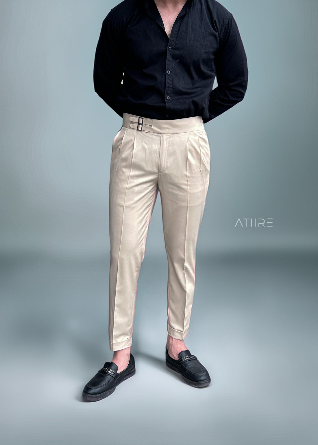 BEIGE DOUBLE PLEATED BUCKLE GURKHA PANTS BY ATIIRE