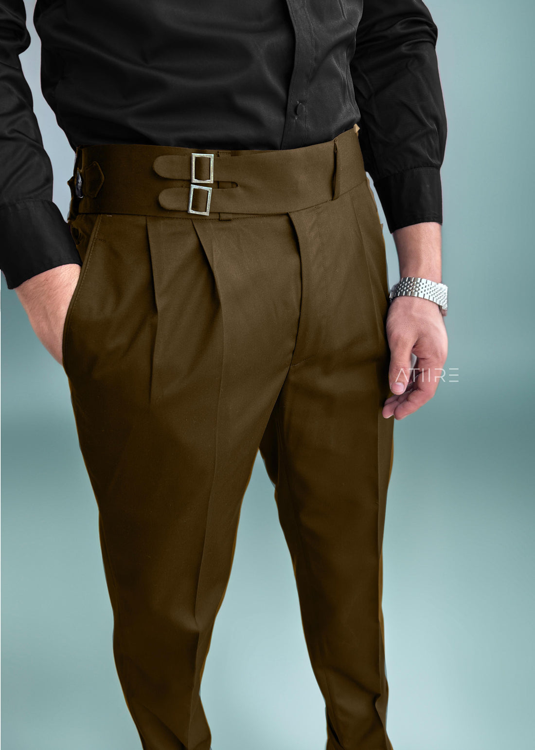 BROWN DOUBLE PLEATED BUCKLE GURKHA PANTS BY ATIIRE