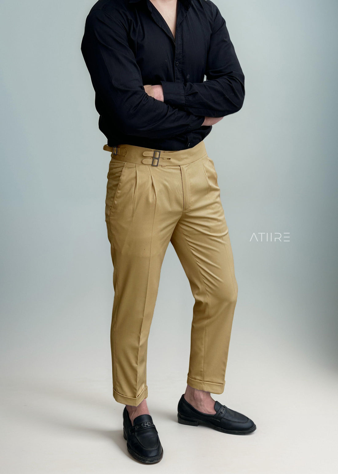 CAMEL BROWN DOUBLE PLEATED BUCKLE GURKHA PANTS BY ATIIRE