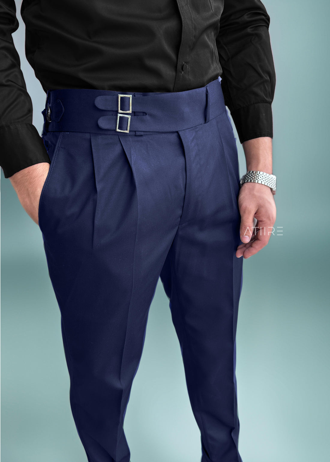 NAVY BLUE DOUBLE PLEATED BUCKLE GURKHA PANTS BY ATIIRE