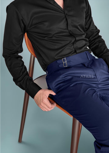 NAVY BLUE DOUBLE PLEATED BUCKLE GURKHA PANTS BY ATIIRE