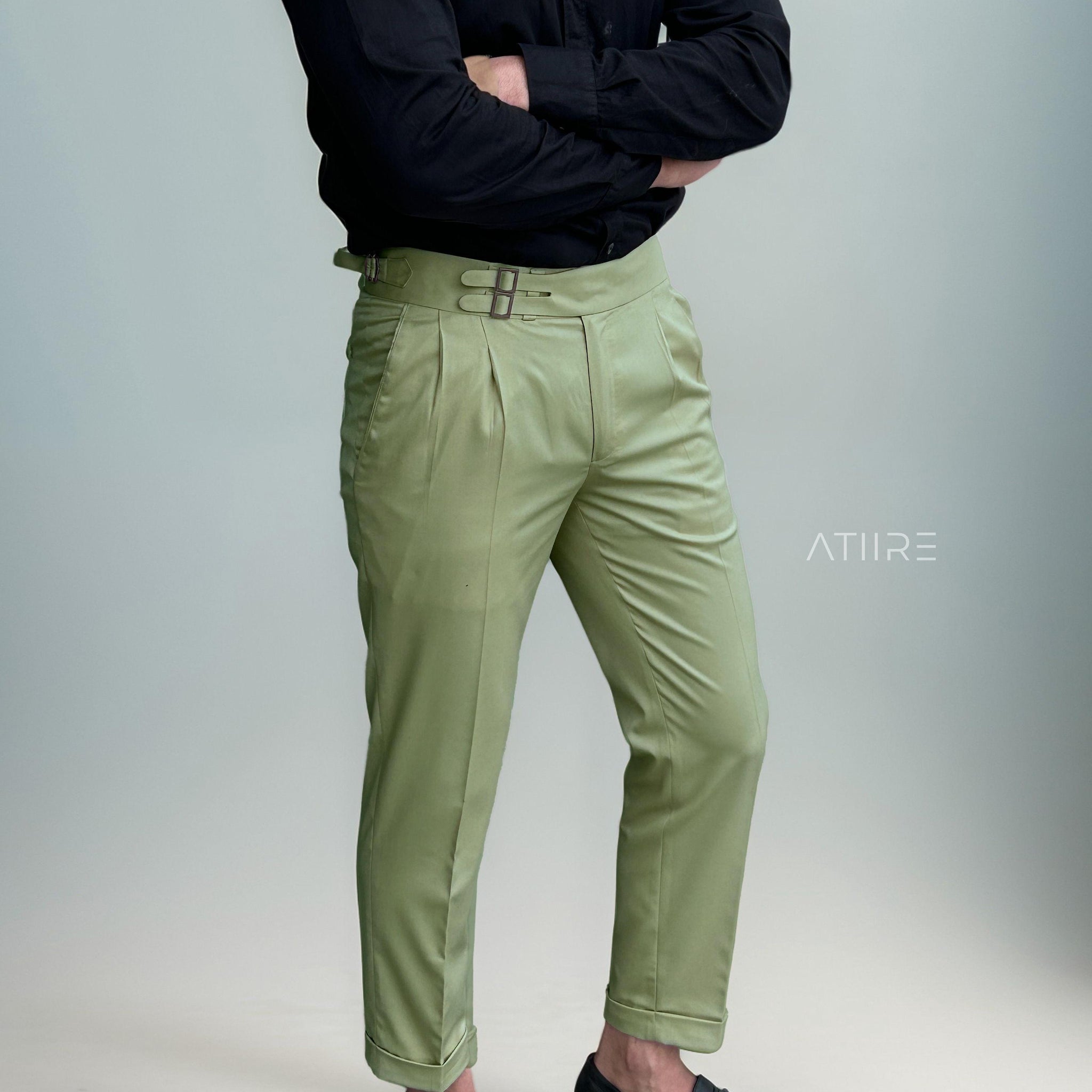 PISTA GREEN DOUBLE PLEATED BUCKLE GURKHA PANTS BY ATIIRE