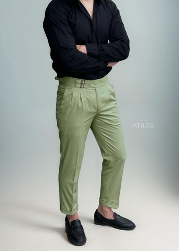 PISTA GREEN DOUBLE PLEATED BUCKLE GURKHA PANTS BY ATIIRE