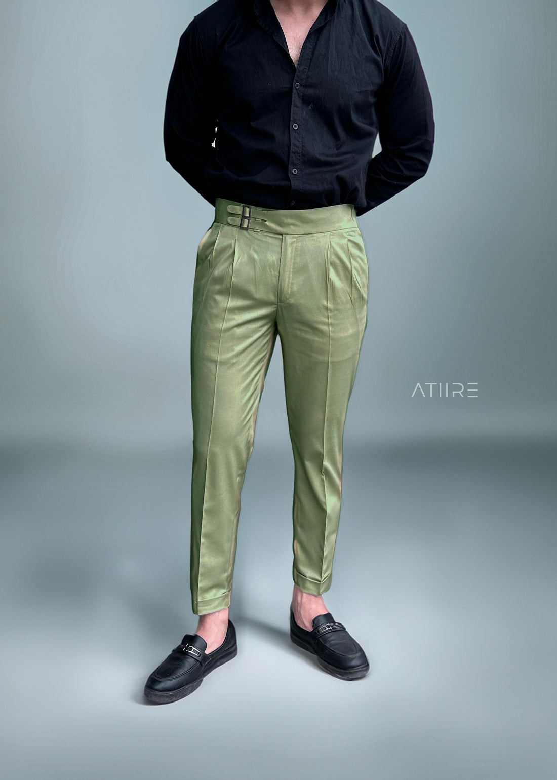 PISTA GREEN DOUBLE PLEATED BUCKLE GURKHA PANTS BY ATIIRE