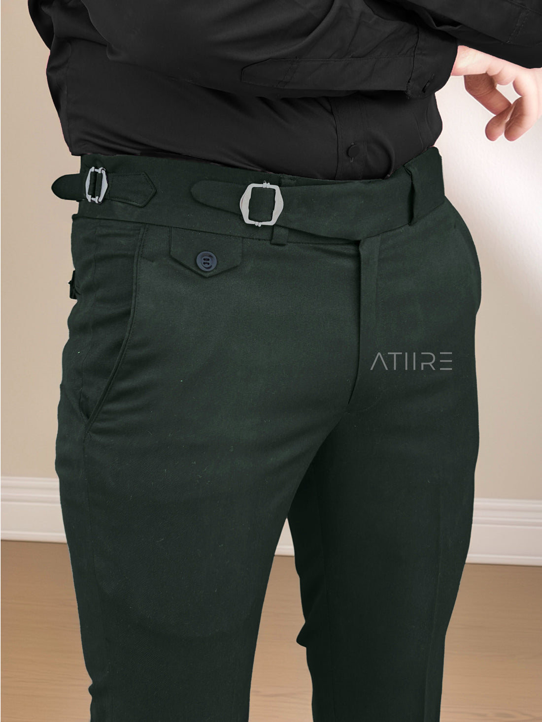 BOTTLE GREEN SINGLE PLEATED BUCKLE GURKHA PANTS BY ATIIRE