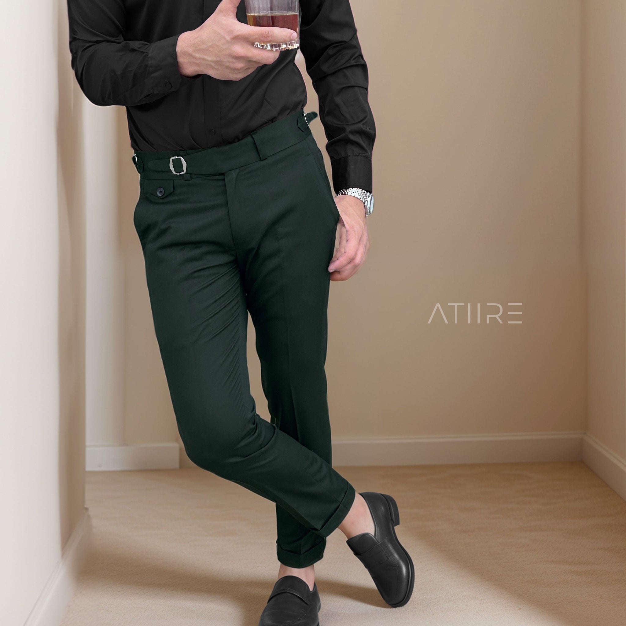 BOTTLE GREEN SINGLE PLEATED BUCKLE GURKHA PANTS BY ATIIRE