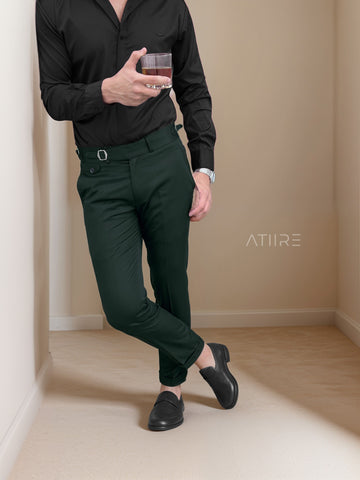 BOTTLE GREEN SINGLE PLEATED BUCKLE GURKHA PANTS BY ATIIRE