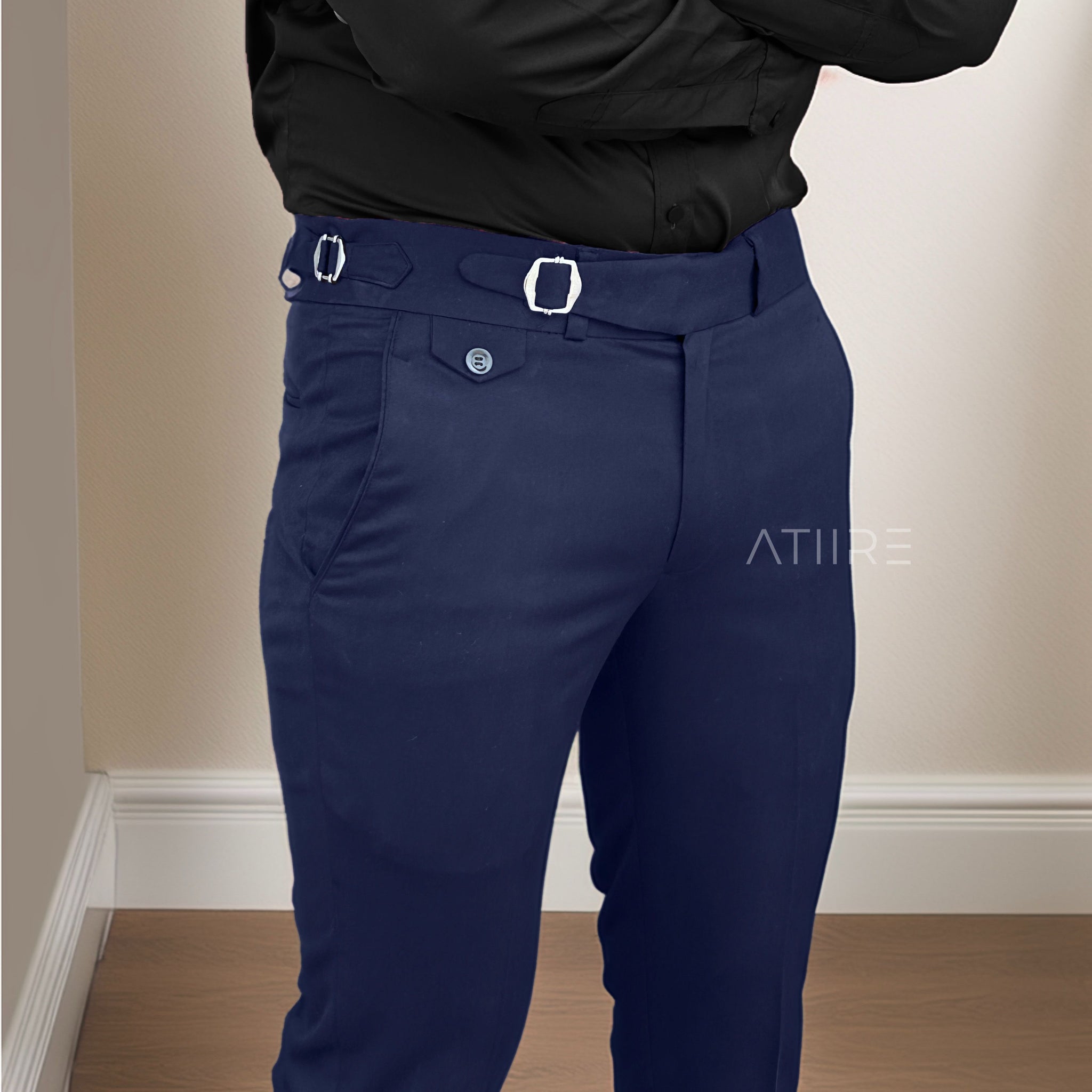 NAVY BLUE SINGLE PLEATED BUCKLE GURKHA PANTS BY ATIIRE