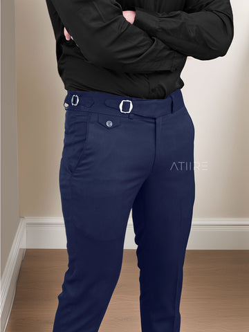 NAVY BLUE SINGLE PLEATED BUCKLE GURKHA PANTS BY ATIIRE