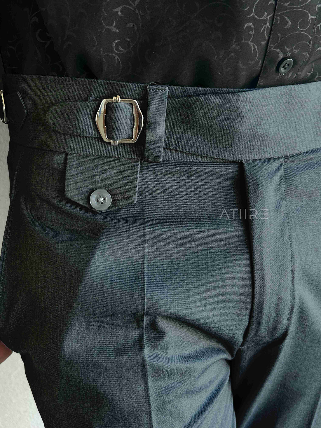 STONE GREY SINGLE PLEATED BUCKLE GURKHA PANTS BY ATIIRE