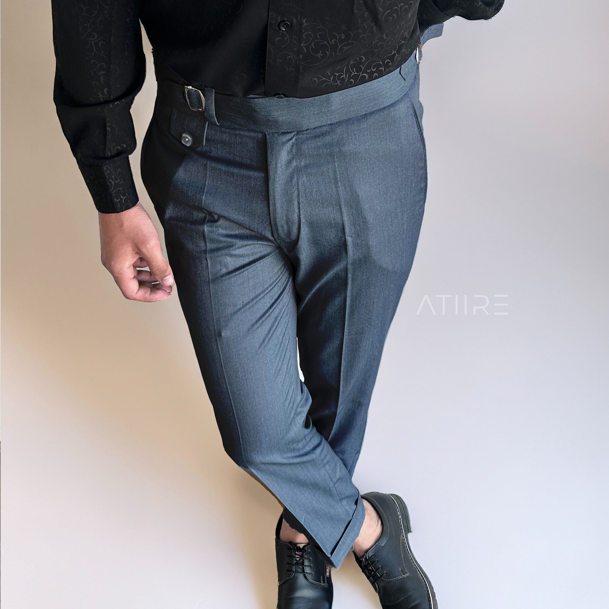 STONE GREY SINGLE PLEATED BUCKLE GURKHA PANTS BY ATIIRE