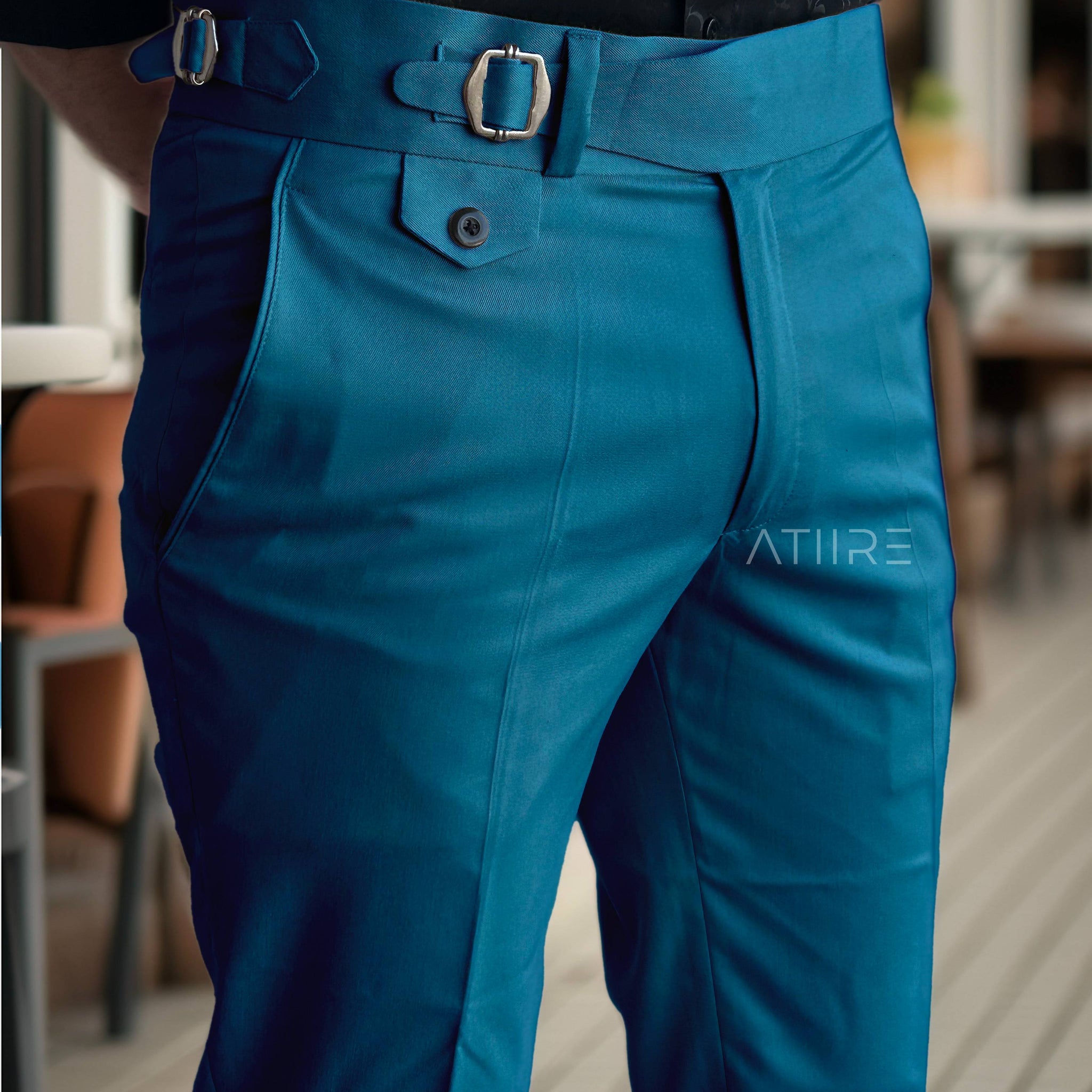 TEAL BLUE SINGLE PLEATED BUCKLE GURKHA PANTS BY ATIIRE