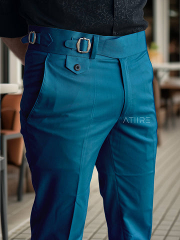 TEAL BLUE SINGLE PLEATED BUCKLE GURKHA PANTS BY ATIIRE