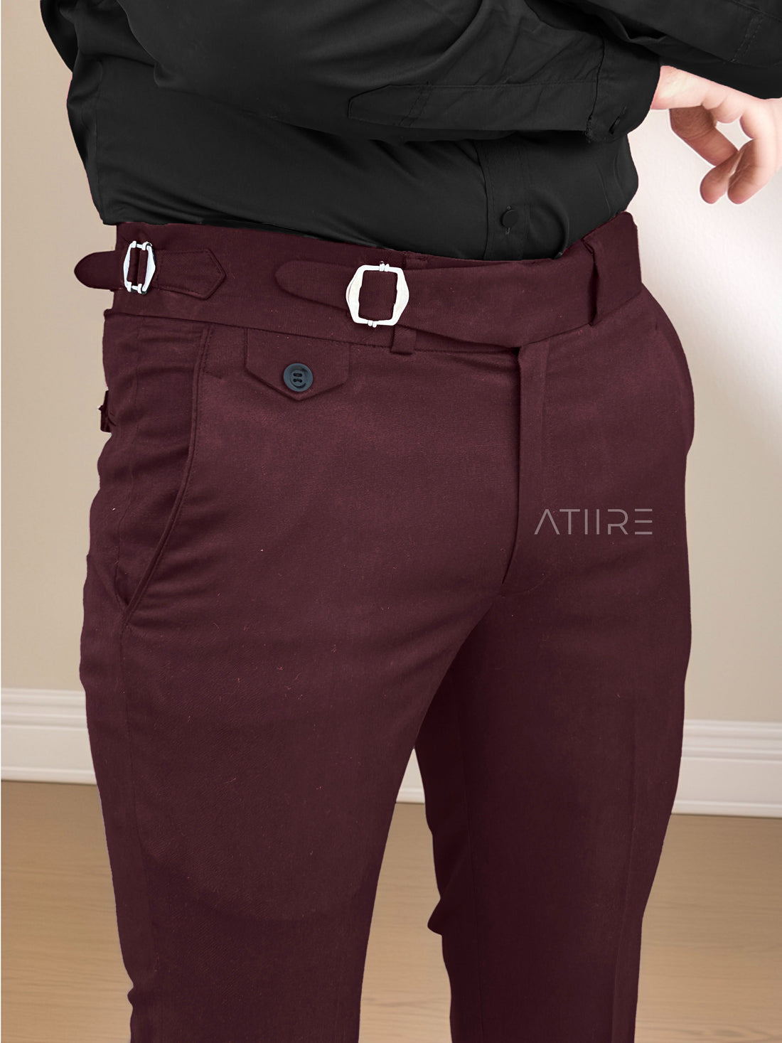 WINE  SINGLE PLEATED BUCKLE GURKHA PANTS BY ATIIRE