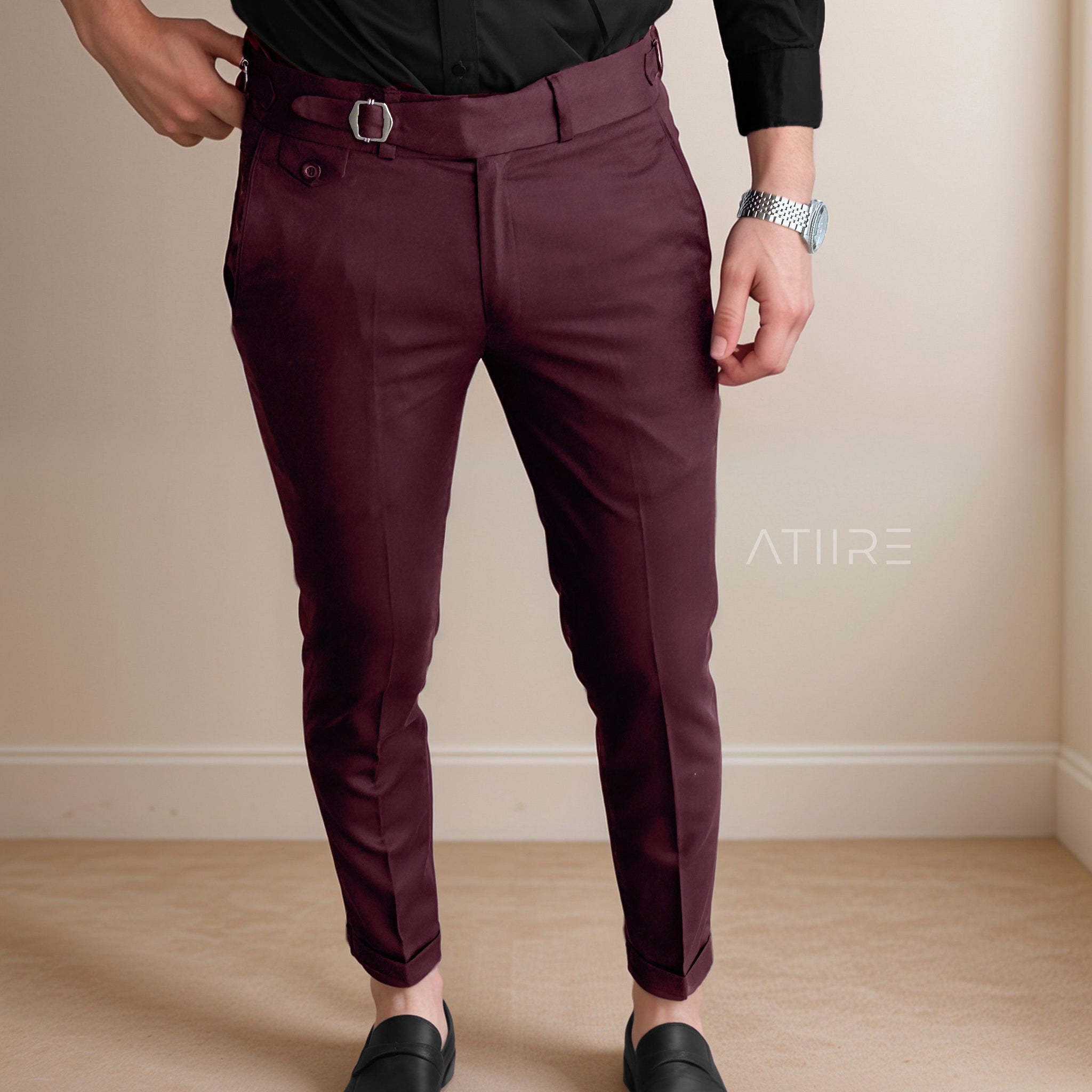 WINE  SINGLE PLEATED BUCKLE GURKHA PANTS BY ATIIRE