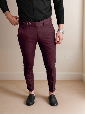 WINE  SINGLE PLEATED BUCKLE GURKHA PANTS BY ATIIRE