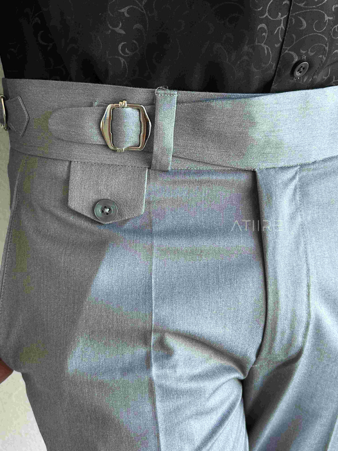 ASH GREY SINGLE PLEATED BUCKLE GURKHA PANTS BY ATIIRE