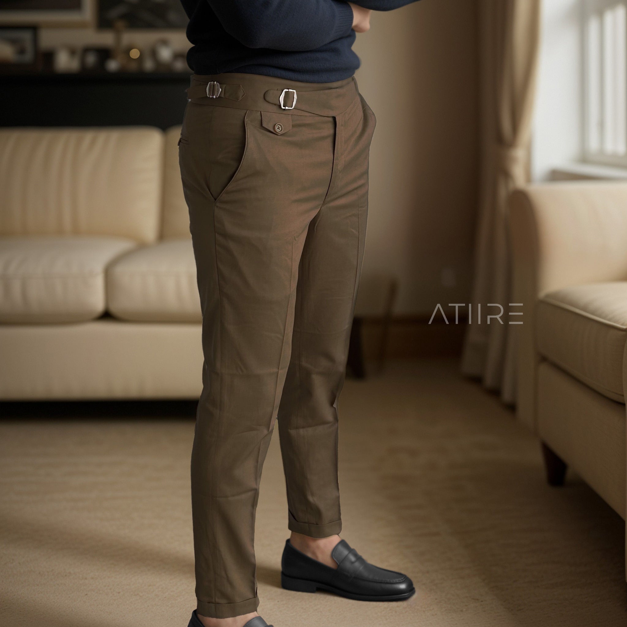 BROWN SINGLE PLEATED BUCKLE GURKHA PANTS BY ATIIRE