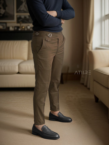 BROWN SINGLE PLEATED BUCKLE GURKHA PANTS BY ATIIRE