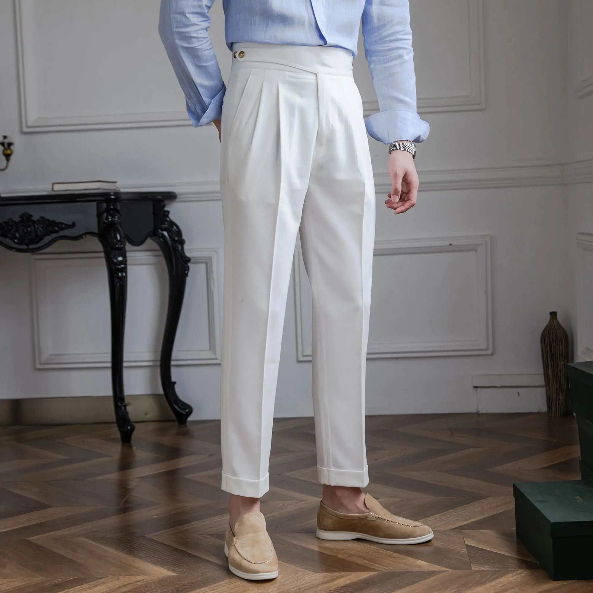 WHITE CLASSIC BUTTONED GURKHA PANTS BY ATIIRE