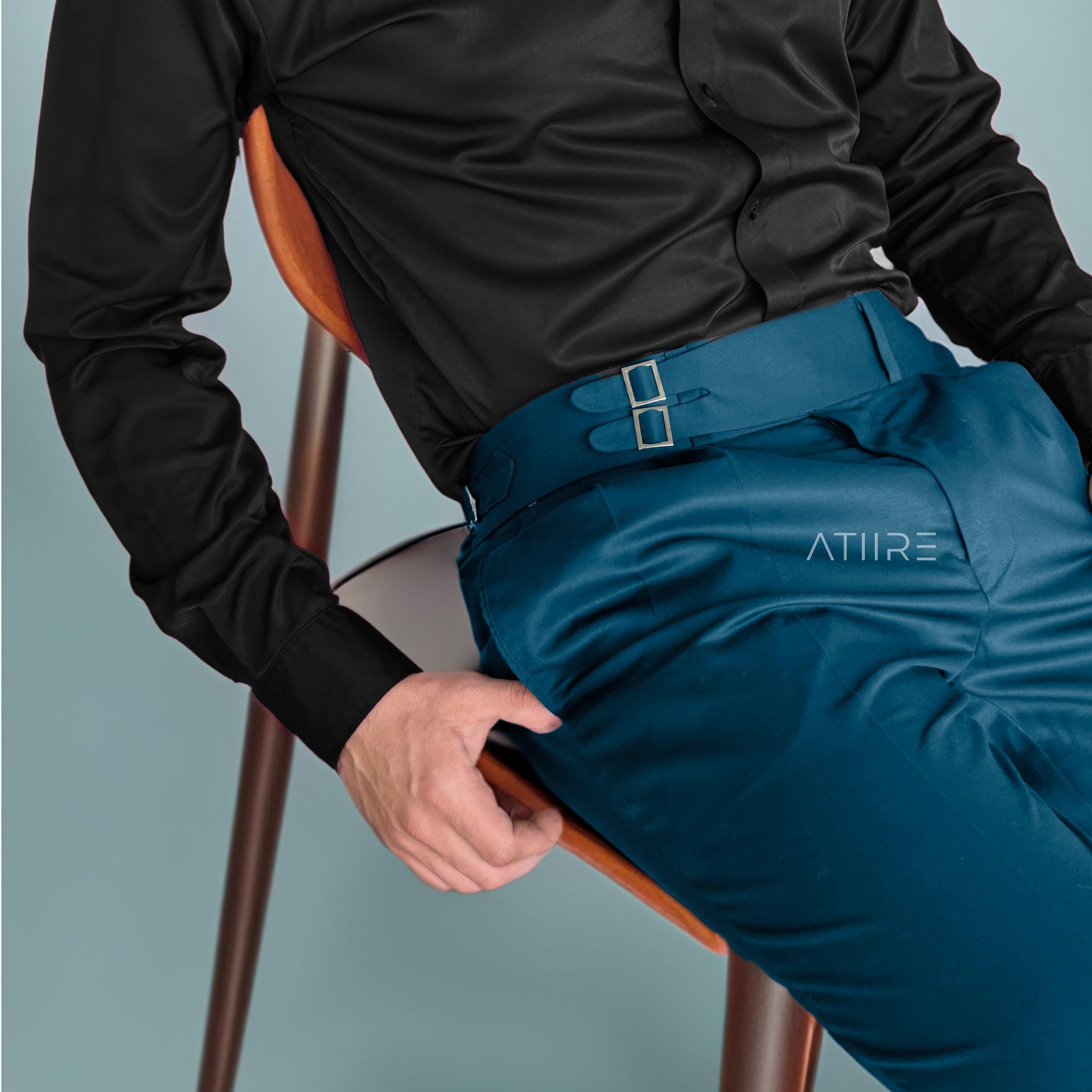 TEAL BLUE DOUBLE PLEATED BUCKLE GURKHA PANTS BY ATIIRE