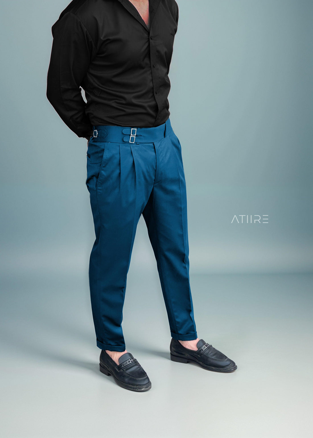 TEAL BLUE DOUBLE PLEATED BUCKLE GURKHA PANTS BY ATIIRE