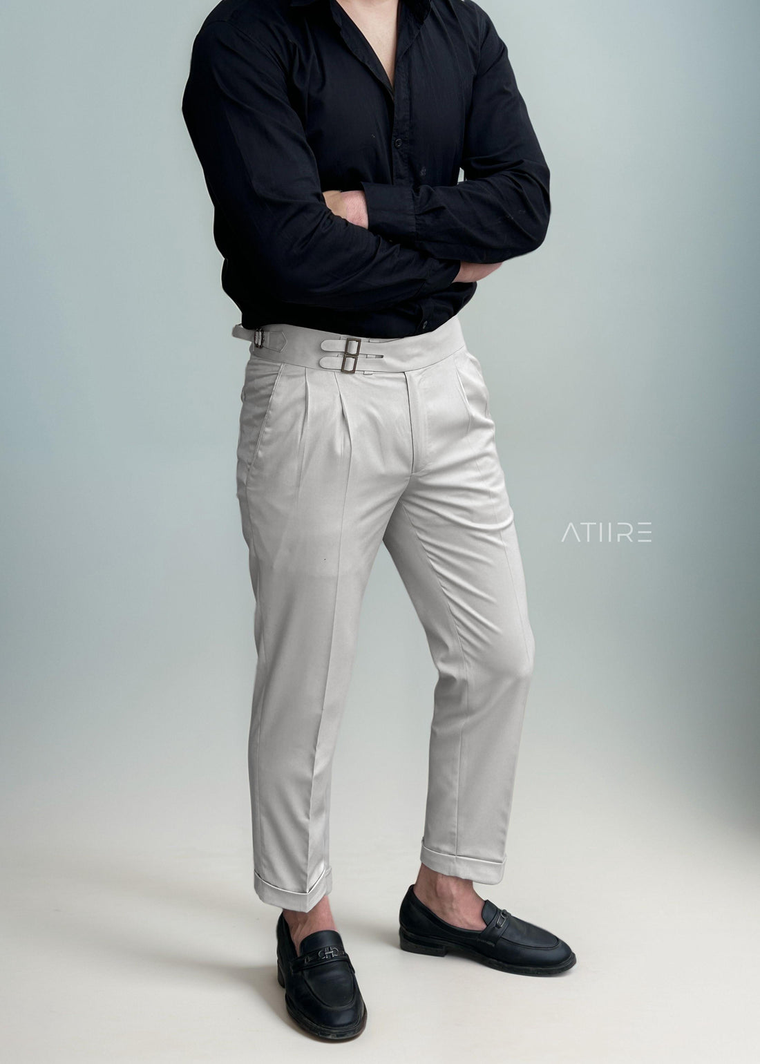 WHITE DOUBLE PLEATED BUCKLE GURKHA PANTS BY ATIIRE