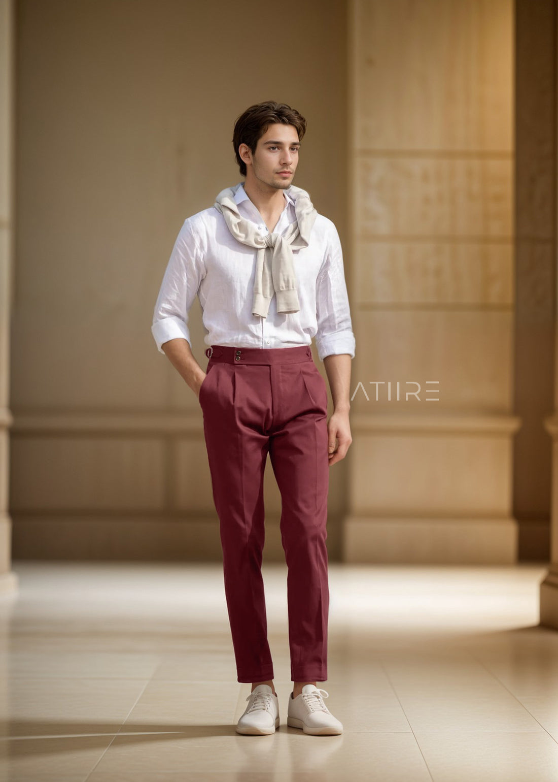 WINE SIGNATURE BUTTONED GURKHA PANTS BY ATIIRE