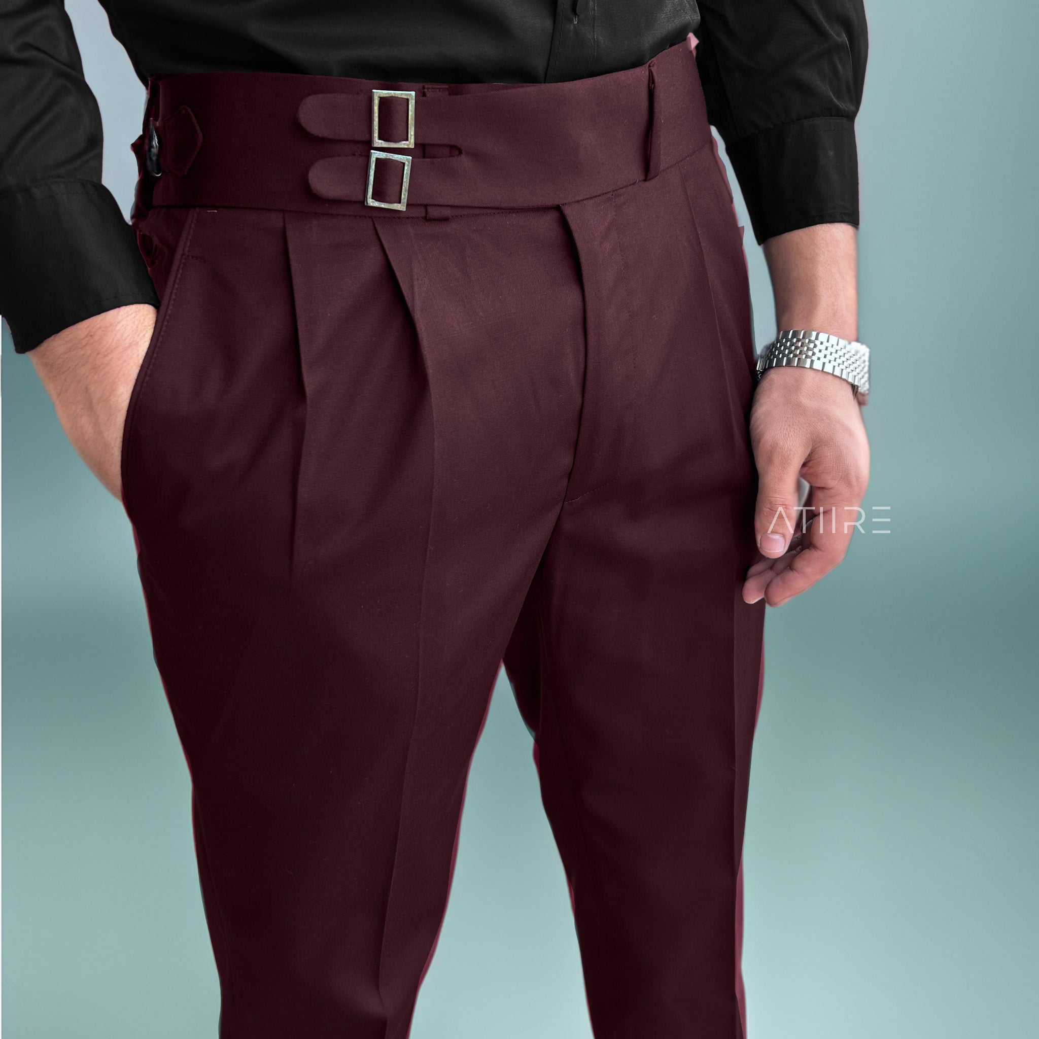 WINE DOUBLE PLEATED BUCKLE GURKHA PANTS BY ATIIRE