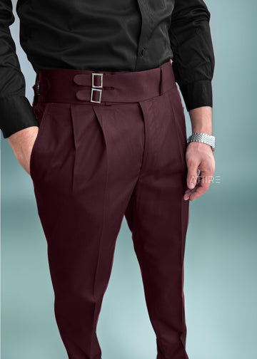 WINE DOUBLE PLEATED BUCKLE GURKHA PANTS BY ATIIRE